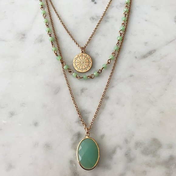 Neiman Marcus Jewelry - New 14K Gold Over Sterling Silver Green Chalcedony Layered Necklace